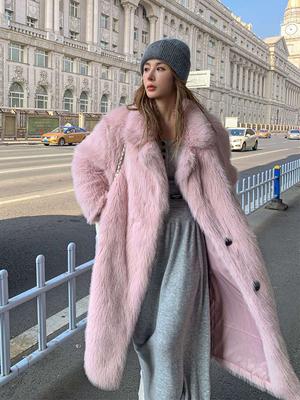 Nepbontjas Losse Pasvorm Nepbontjas Dames Lange Jas met Oversized Kraag voor Herfst/Winter