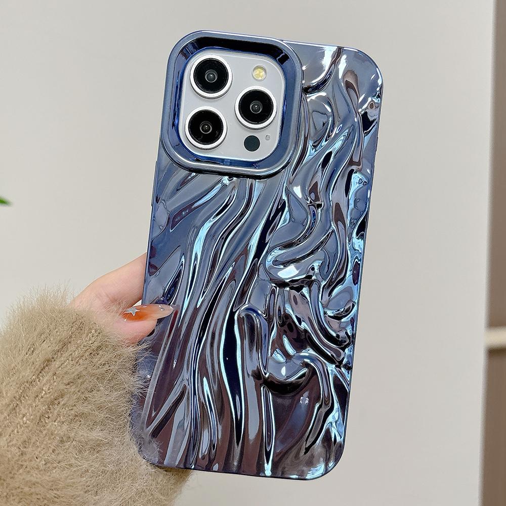 Gold 3D Water Ripple Phone Case For iPhone 17 16 15 14 13 12 11 Pro Max Electroplated Shockproof Silicone Cover