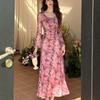Spice Girl Temperament Mesh Square Neck Long Sleeve Dress Women's Autumn Pure Desire Wind Slim and Skinny Split Hip Wrap Long Dress