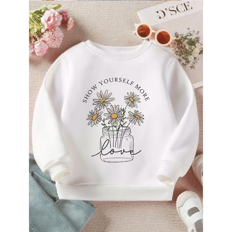 Kids Crewneck Sweatshirt, Pastel Daisy Floral Self-Love Positive Quote Print 110 белый