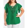 Lace V Neck Loose Women Blouse Large Size Lace-up Short Sleeve Shirts Ladies Solid Color Loose Sweet Office Elegant Fashion Simple Clothing