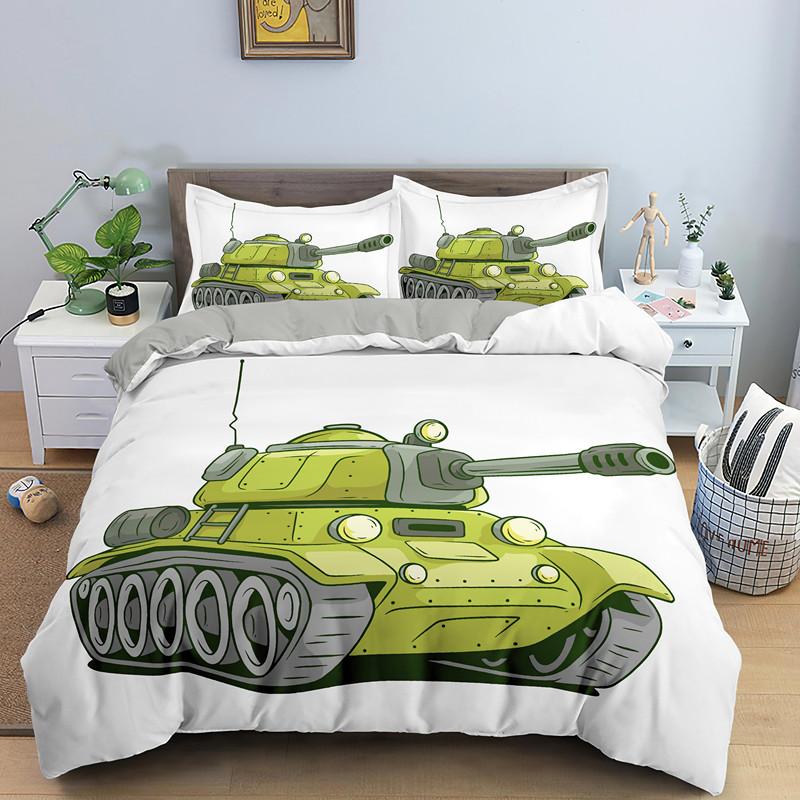 Cartoon Tank Duvet Cover War Theme Bedding Set For Kids Boys Man Soldier Camouflage Army Acting Polyester Comforter Cover King