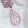 Pink Beaded Bow Keychain Mobile Phone Chain Earphone Bag Anti-Lost Rope Car Keychain Girls Fashion Backpack Pendant Accessories