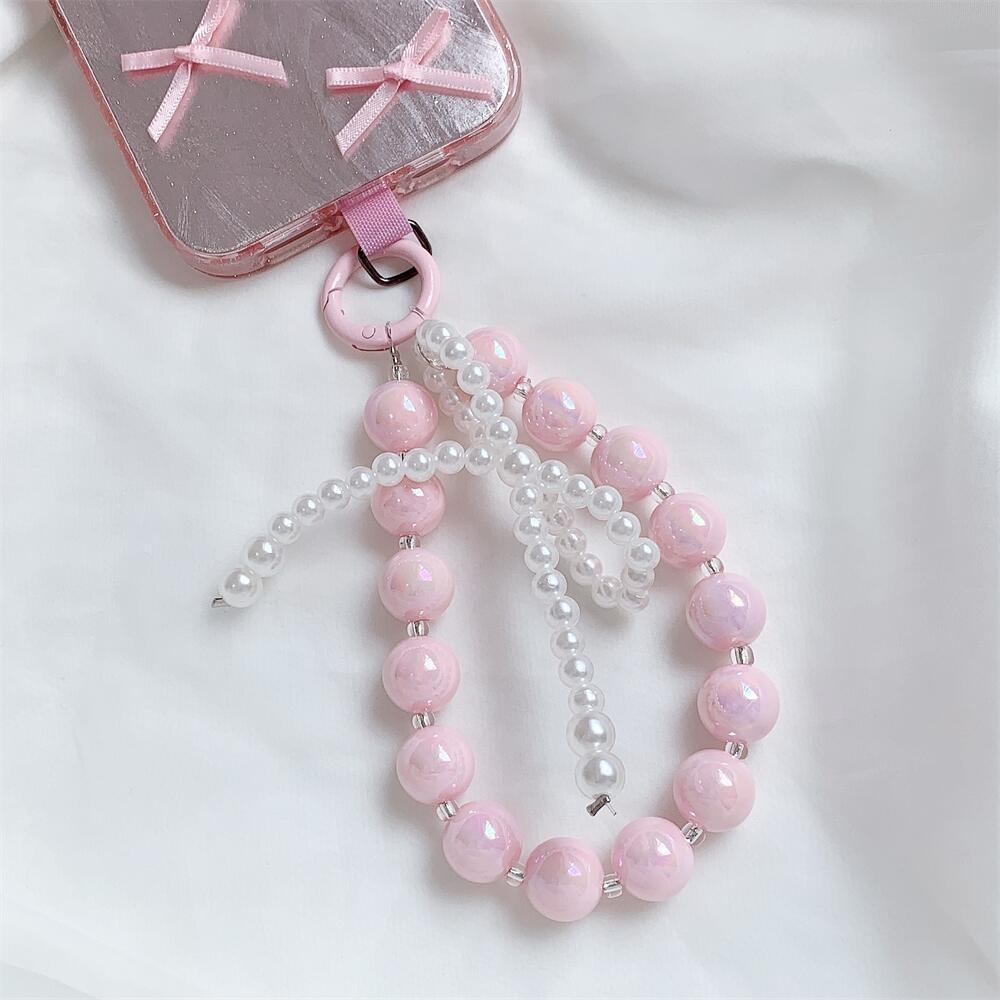 Pink Beaded Bow Keychain Mobile Phone Chain Earphone Bag Anti-Lost Rope Car Keychain Girls Fashion Backpack Pendant Accessories
