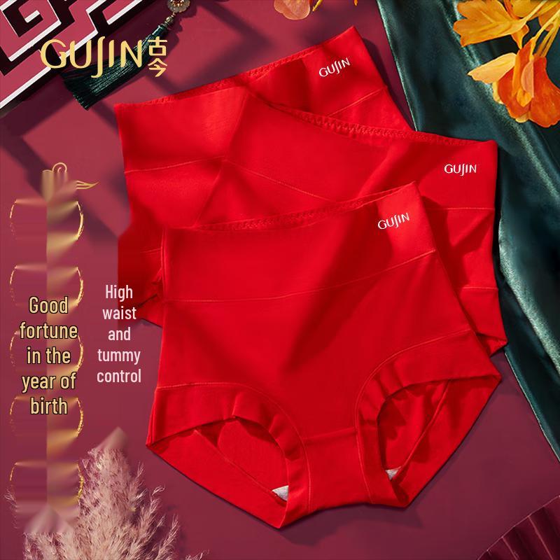 

GUJIN Женское нижнее белье с высокой талией и контролем живота, красное, 3 штуки 2XL (140-160 jin)