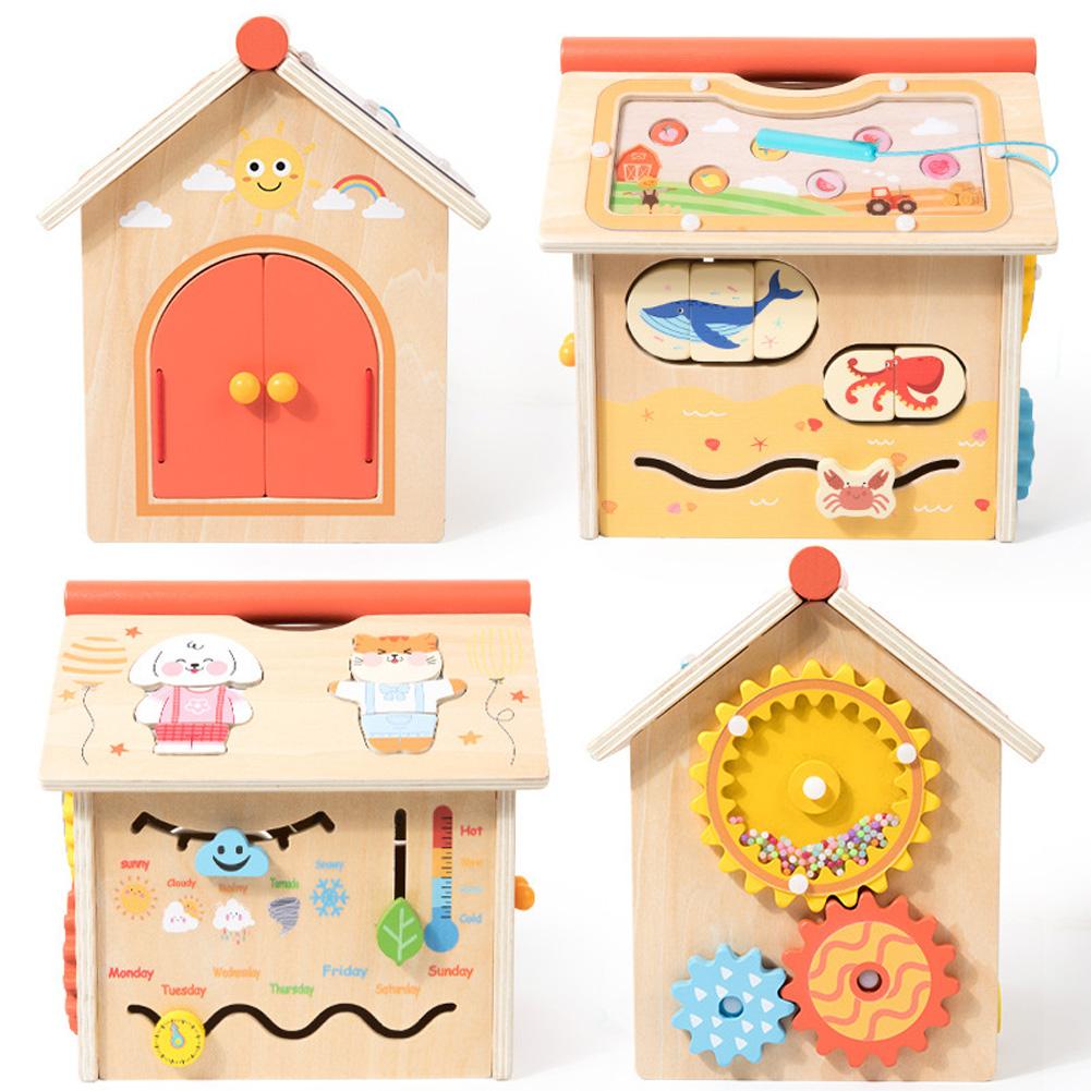 

Wooden Busy House Interactive Playhouse Multifunctional Activity House Fine Motor Training Early Education Toys Gifts For Kids Fun Busy House P0.95kg