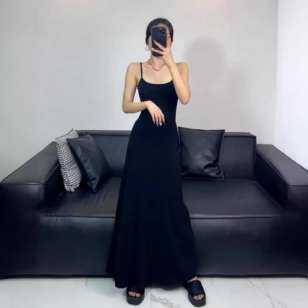 Black Spaghetti Strap Dress for Women, Summer Slim-fit Little Black Dress, Sleeveless Base Dress, French Long Skirt, Slimming Dress