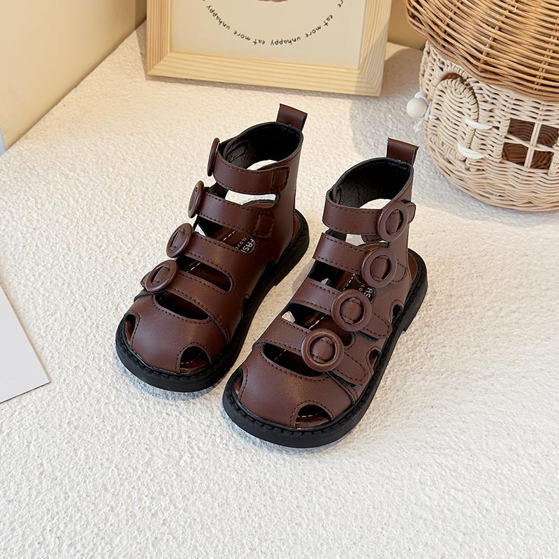 

Kids Sandals High Top Hollowed-out Girls Princess Shoes Hook&loop Ins Trendy 2025 Summer New Children Beach Shoes Soild Color 22 коричневый