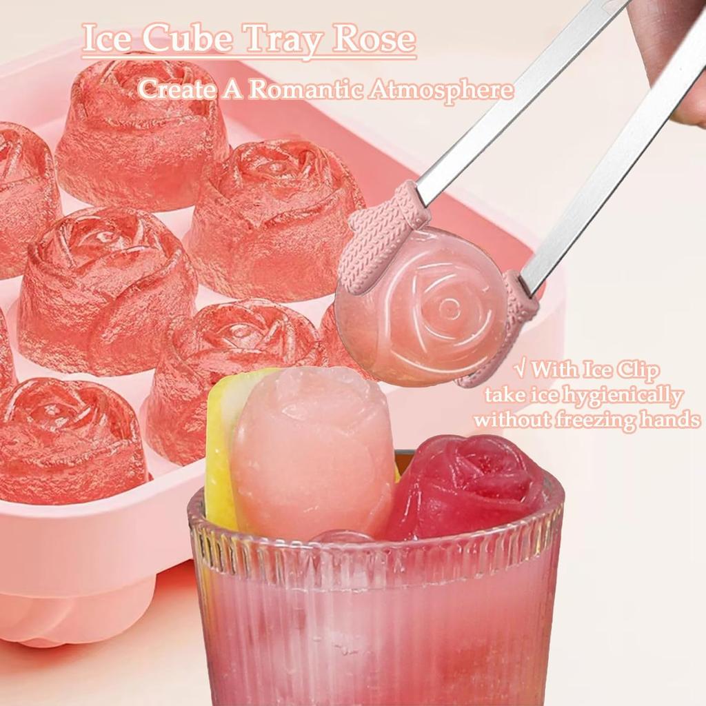 Ice Cube Mold with Lid, Silicone Rose Ice Cube Tray with Mini Tongs, Rose Ice Cube Trays for Freezer, Easy Release Ice Trays Maker, Make 9 Ice Ball