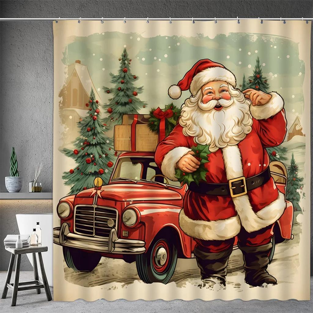 Christmas Shower Curtain, Winter Snowman Santa Claus Snowflake Gnome Farm Truck Berry Christmas Tree Cartoon Bathroom Decorati