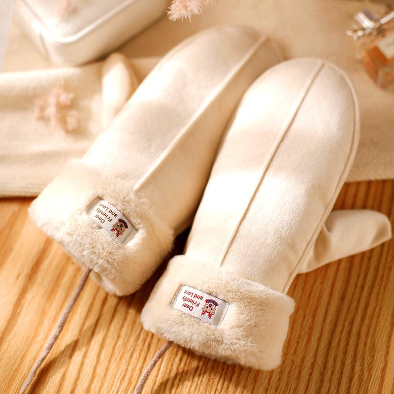 Mănuși de pluș pentru exterior pentru femei, pentru gât, din lână, din piele de căprioară, ține cald iarna, rezistentă la vânt, de culoare solidă