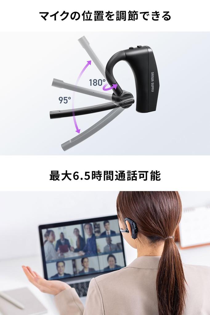 Zestaw słuchawkowy Bluetooth Sanwa Direct, Jednosłuchawkowy, Otwarty, Podwójny mikrofon, Redukcja szumów, Binauralny, Obsługa wielopunktowa, Ładowanie USB-C, Zestaw głośnomówiący,