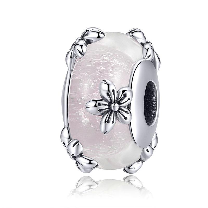 WOSTU 925 Silver Transparent Pink Glass Butterfly Charm Insect Flower Murano Beads Bracelet & Bangle Jewelry Gift