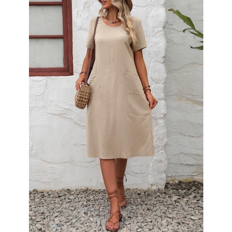 Fashion Loose Round Neck Short Sleeve Dress Pockets Solid Color Casual A-line Summer Dress Party Sweet Casual Simple Clothing
