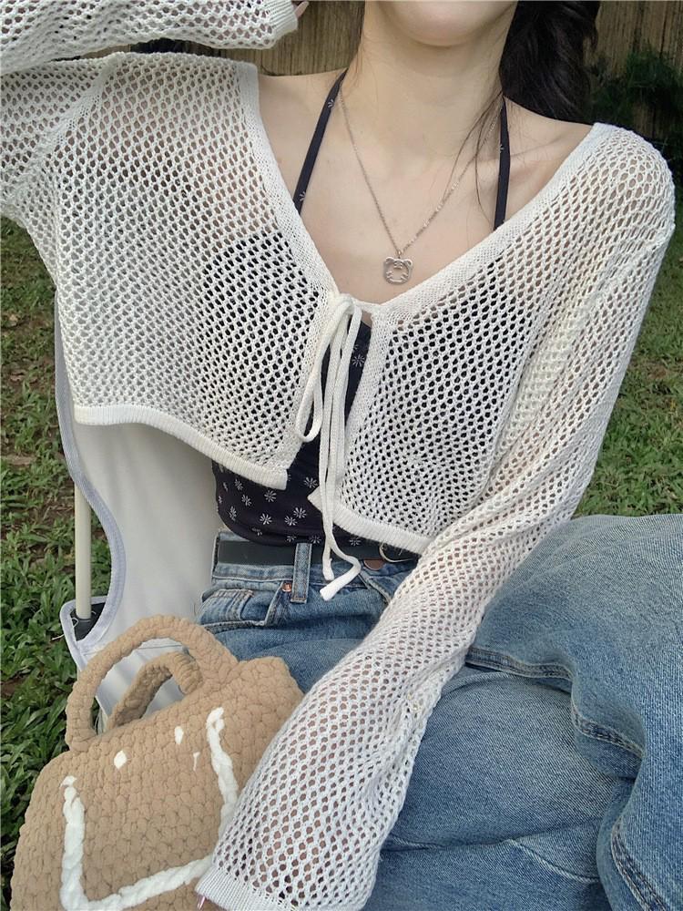Women's V-Neck Openwork Knit Tie-Up Cardigan - Lightweight Summer Sun Protection Long-Sleeve Top