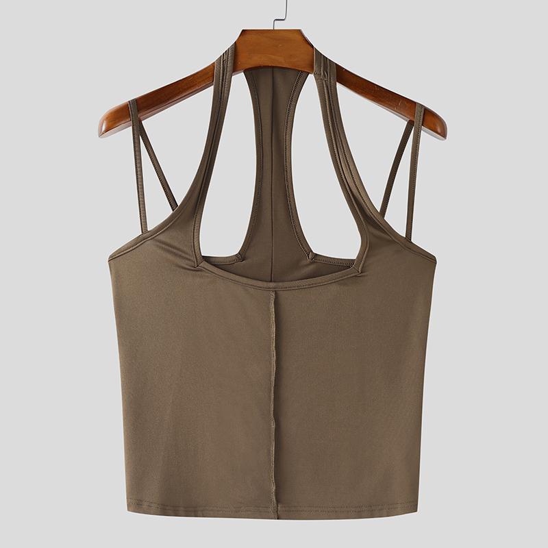 

INCERUN Men Square Collar Sleeveless Tank Tops Slim Strap Backless Cropped Camisole 2XL коричневый