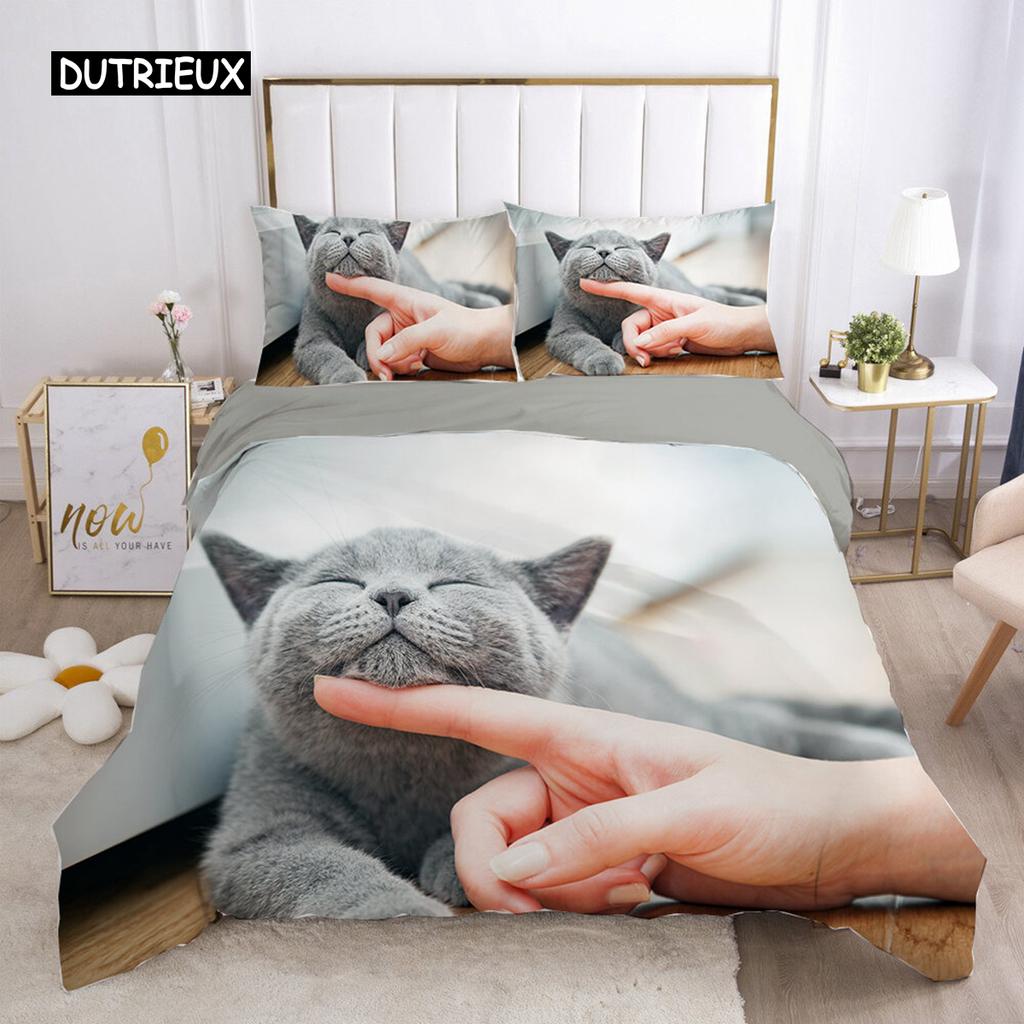 Cat Duvet Cover Set Lovely Animal Kitten Printed Quilt Cover Kids Teens Girl Animal Double Queen King Size Polyester Bedding Set