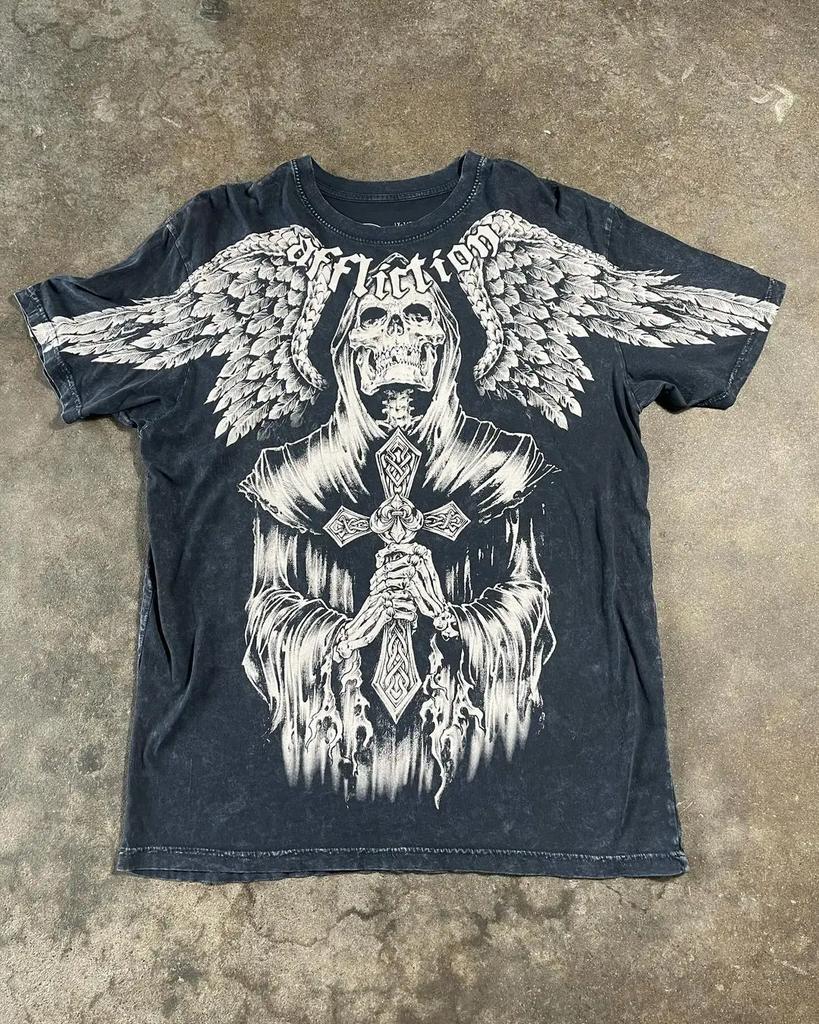 Y2K Style Gothic Affliction Distressed Cotton Shirt Oversized Punk Graphic Print Washed Soft Round Neck Tee Retro Short sleeve