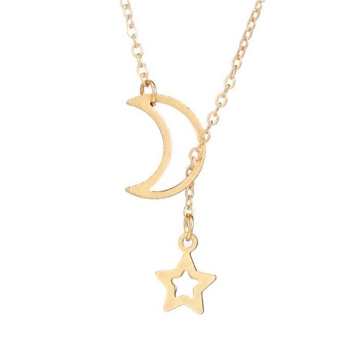 Collier Sautoir Pendentif - SHOP-STORY - MOON STAR GOLD - Acier inoxydable - 50 cm - Céleste