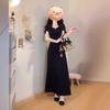 Plus Size Black Polka Dot V-Neck Short Sleeve Summer Dress with Square Neckline and Waist-Cinching Long Skirt