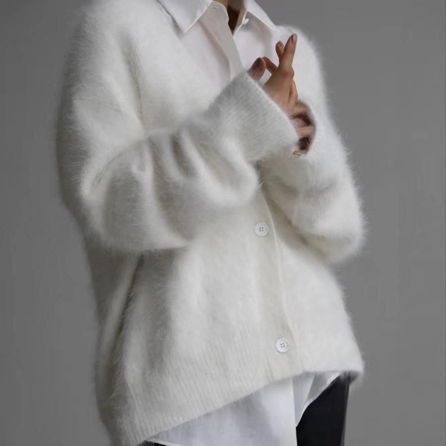 2024 Mink Hair V-Neck Cardigan: Loose Fit, Long Sleeve Sweater for Autumn/Winter Women