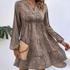 Leopard Print Women's Spring Dress V Neck Lantern Sleeve High Waist Pleated