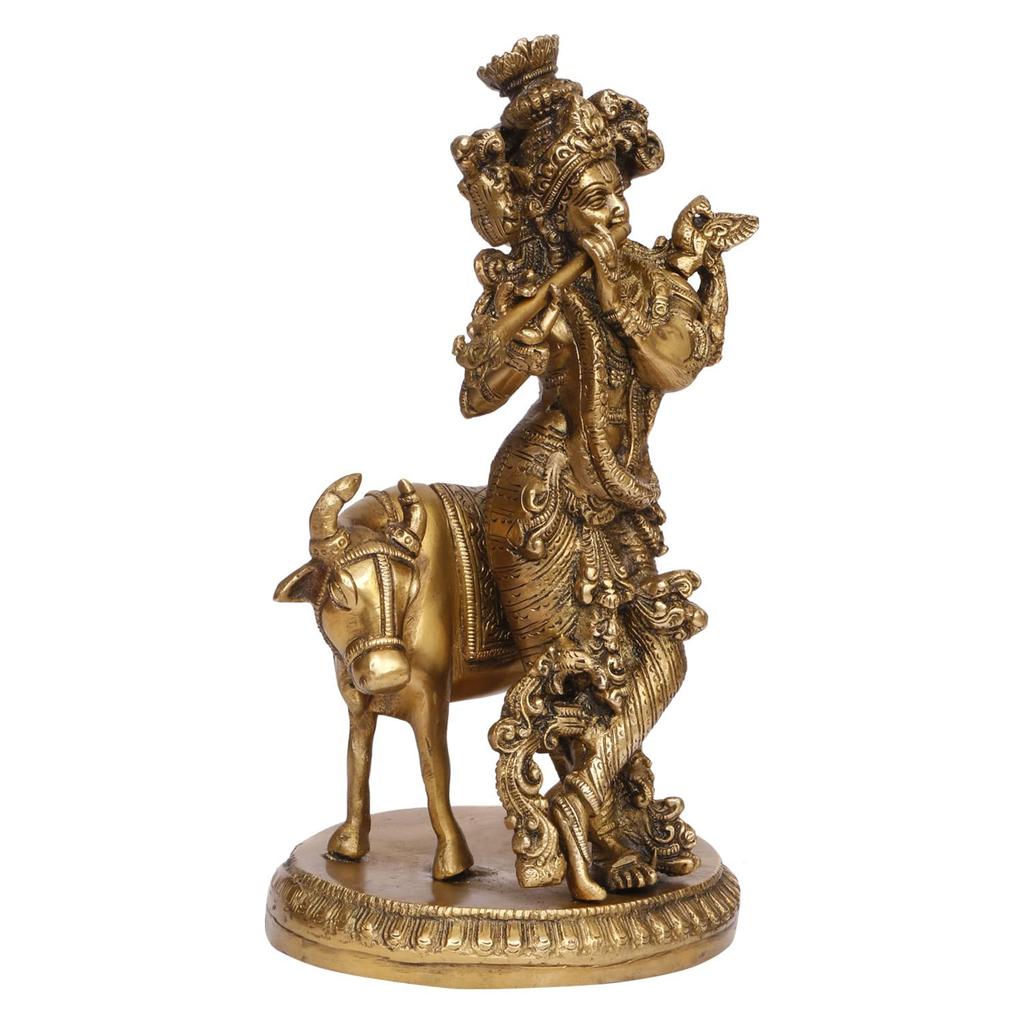 Shri Krishna Idol With Cow Kishan Bhagwan Murti, Lord Krishna Cow Statue, Brass