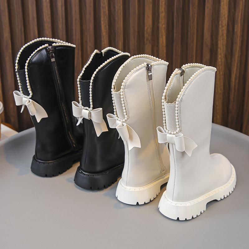 Kids Princess Boots with Sweet Back Bows Girls  Boots Round Toes Soft Bottom  Autumn  Children Mid-calf Boots