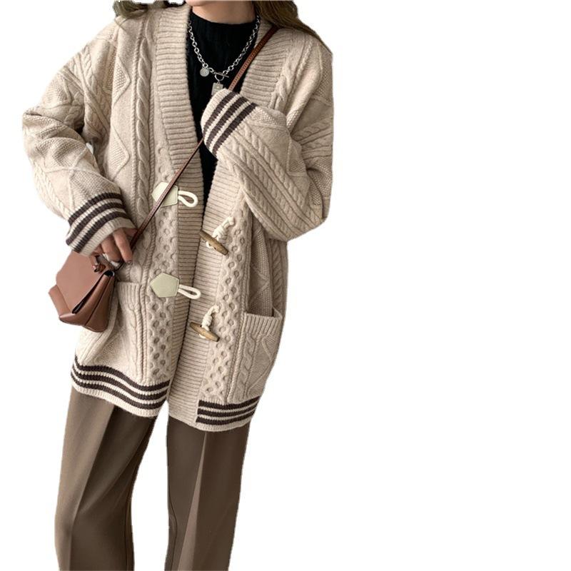 Fall Winter Wool Cardigan Women's Mid-length V-neck Sweater Loose Thick Cashmere Knitted Jacket