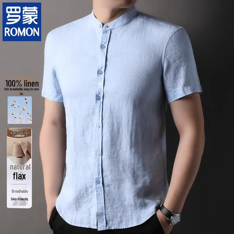 ROMON Men s Linen Short Sleeve Chinese Style Stand Collar Shirt 2XL