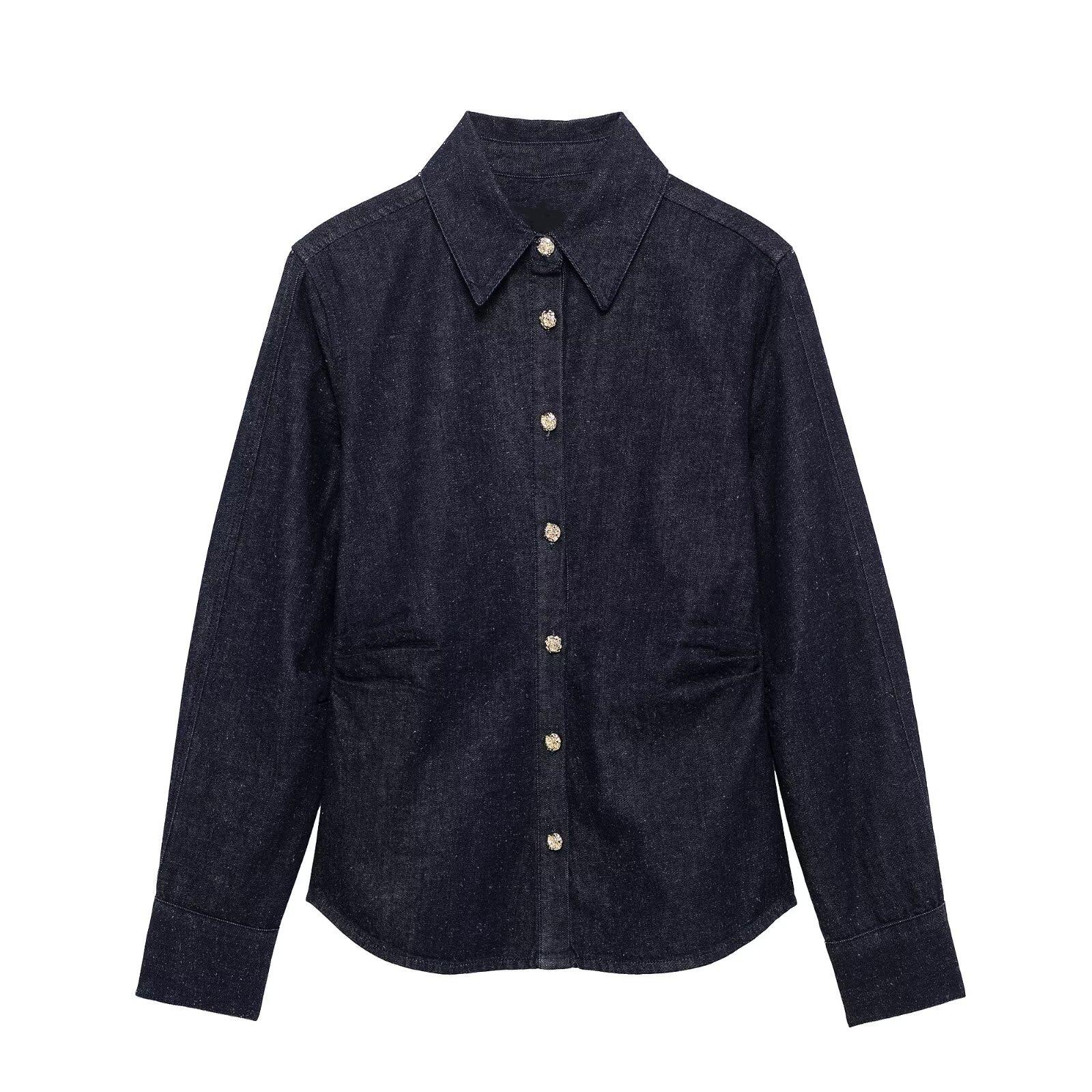

2025 Spring Women s Slim Pleated Denim Shirt with Turn-Down Collar Extra Small