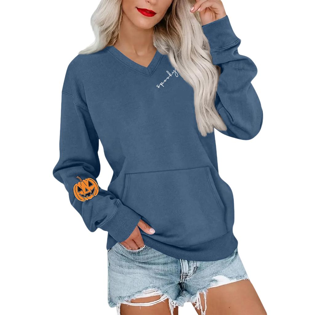 Women's Casual Fashion Halloween Print V-Neck Long-Sleeve Sweatshirt Lightweight Pullover Hoodie With Pockets