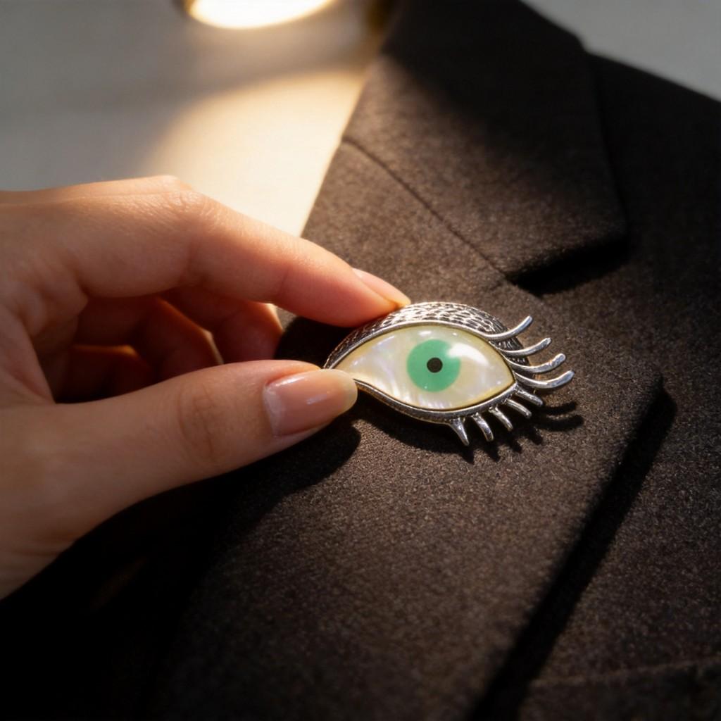 Shell Inlaid Telescope Eye Brooch Pin With Geometric Design For Unisex Fashion Accessories