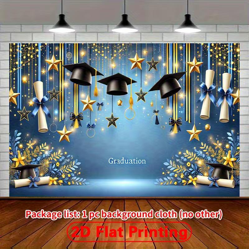 2D Graduation Banner, Blue & Gold Star Backdrop for Photoshoot & Celebration