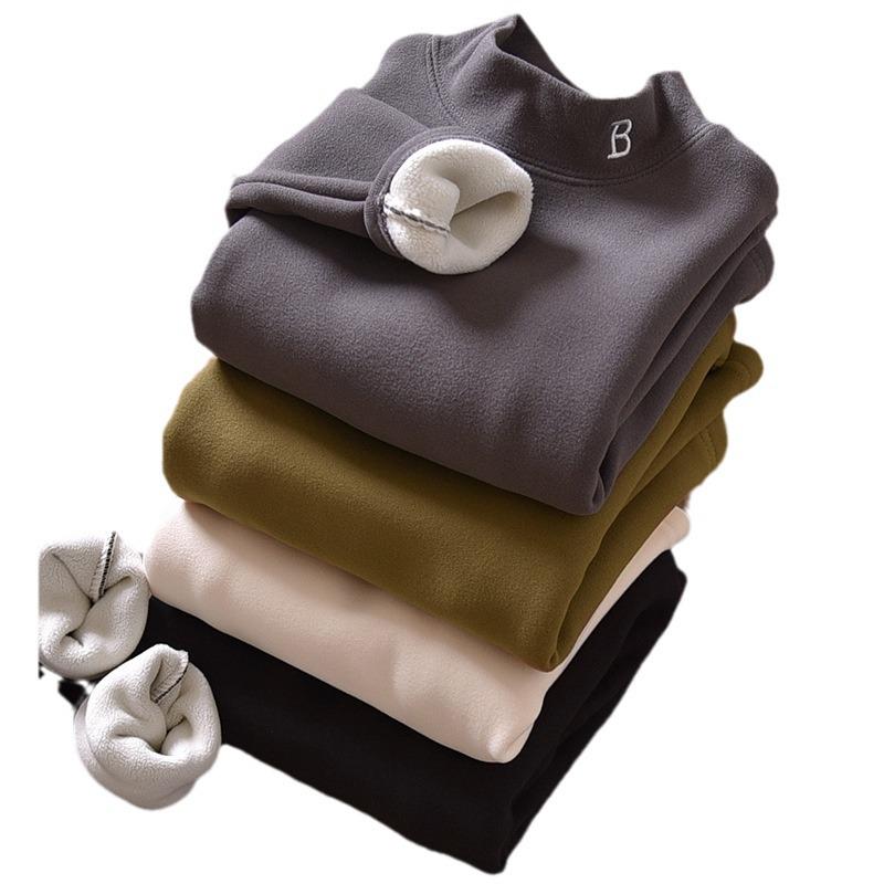 Boys' Half-Turtleneck Warm Autumn Winter Shirt with Velvet  Thickened Medium and Large Children's Clothing for Boys