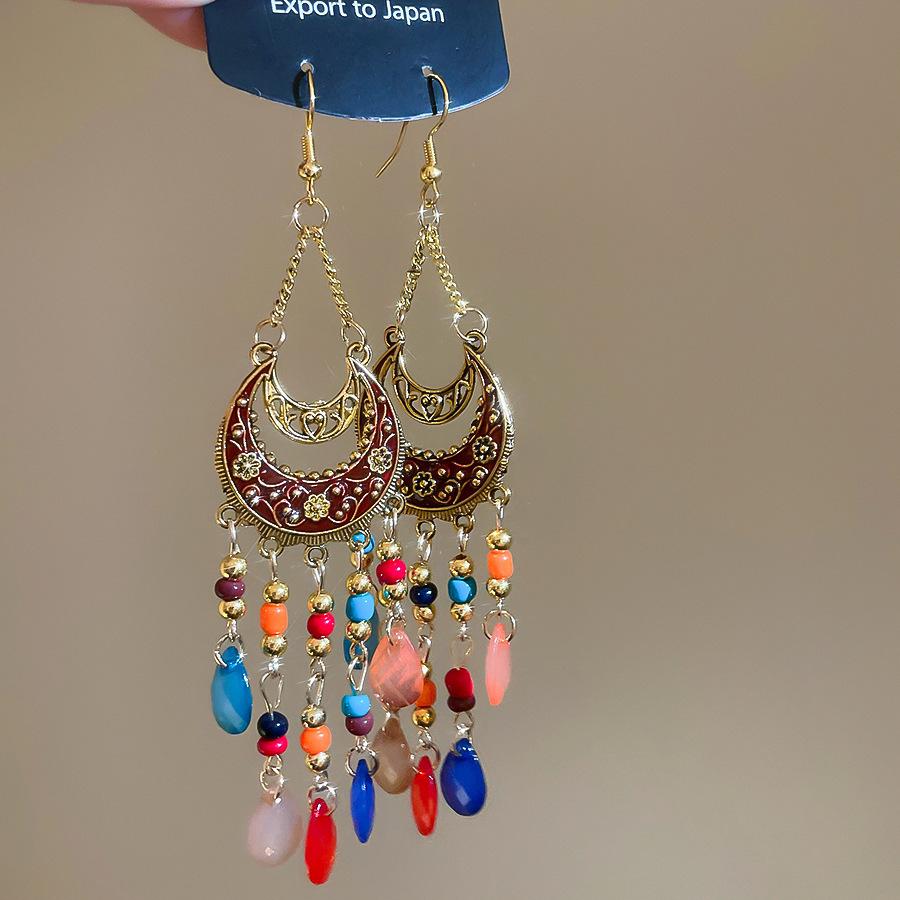 Bohemian ethnic style crystal fringed earrings stud earrings personalized design sense niche earrings women