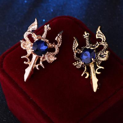 Retro Dragon Blade Brooch Men Animal Rhinestone Lapel Pin Suit Shirt Badge Jewelry Gift Accessories