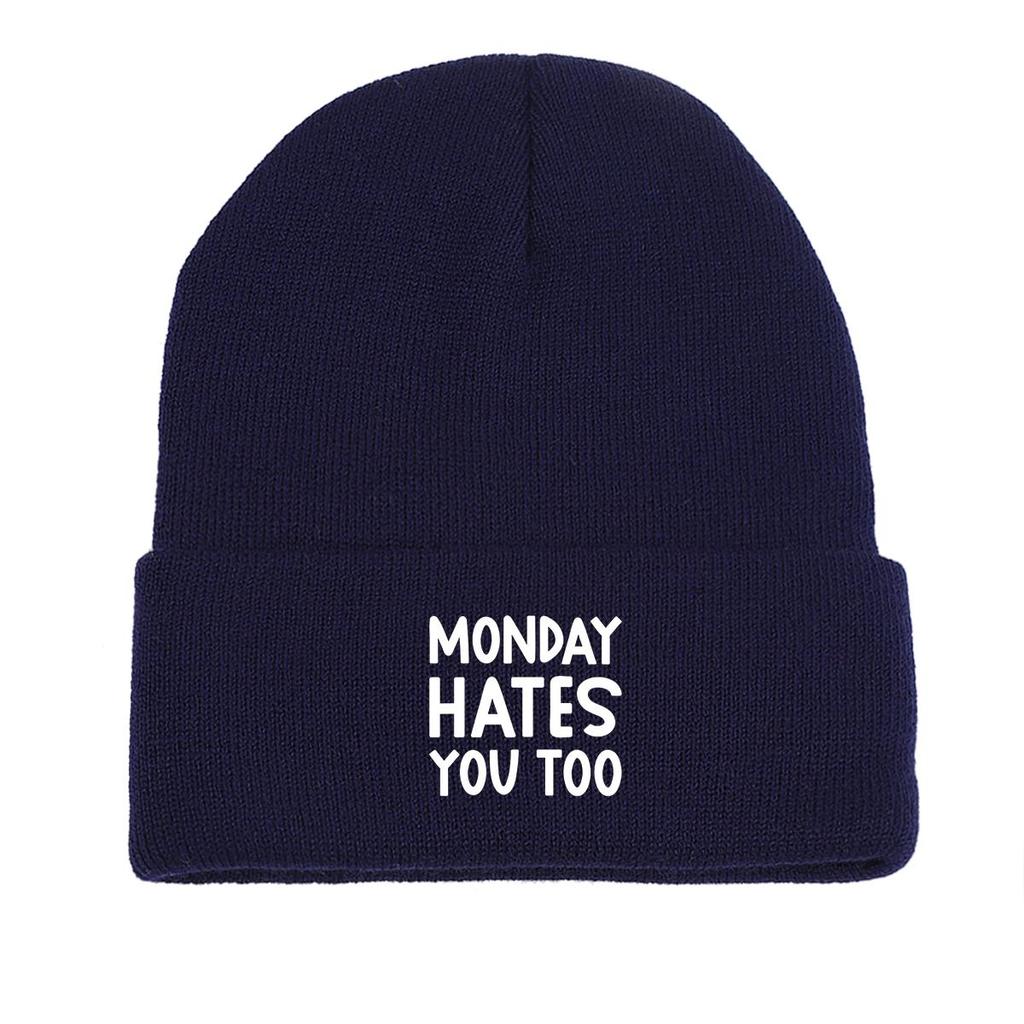 MONDAY HATES YOU TOO" Warm Knit Cap Beanie, White Text Man Cap Stretchy Candy Color Solid Color Gorro Knitted Hat Beanie
