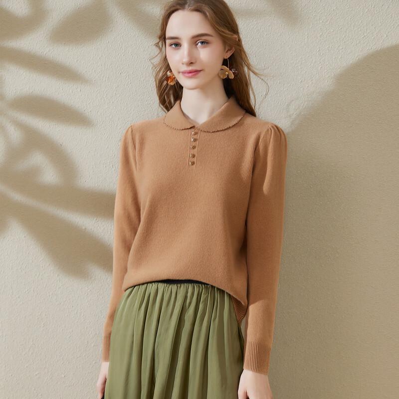 TUHUANG Women's Pure Wool Puff Sleeve Turn-Down Collar Knit Sweater