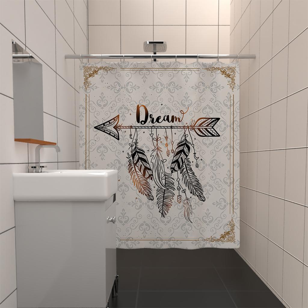 180x180cm bathroom waterproof polyester shower curtain, mold resistant, perforated with hooks, beige surface, retro print
