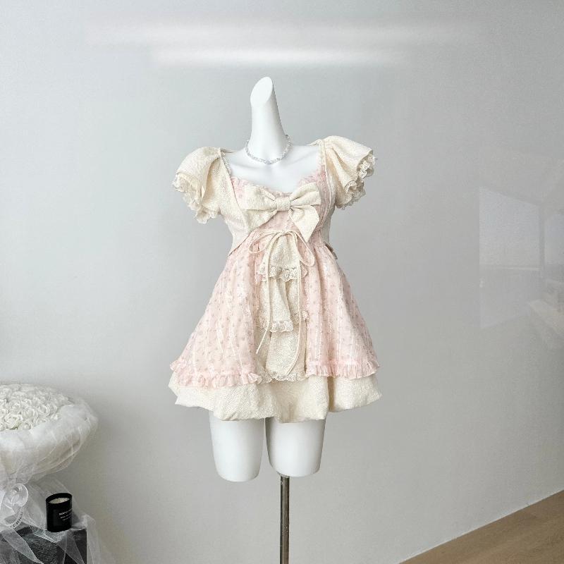 

Сладкое платье Лолиты с бантом и кружевом, женское, с пышными рукавами, многослойной юбкой с оборками, в стиле принцессы, винтажное, коттеджкор, фейрикор, каваий наряды S бежевый