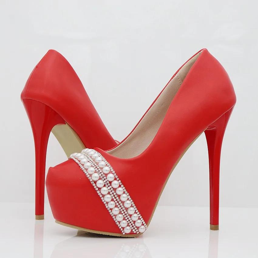 

Women Pumps Pointed Toe String Bead Slip-On PU 14CM Thin Heels Party Prom Mature Banquet Wedding Shoes Sexy Ladies Party Shoes 34 красный