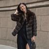 Women's Dark Brown Faux Fur Coat Horizontal Striped Short Jacket Warm Winter Outerwear