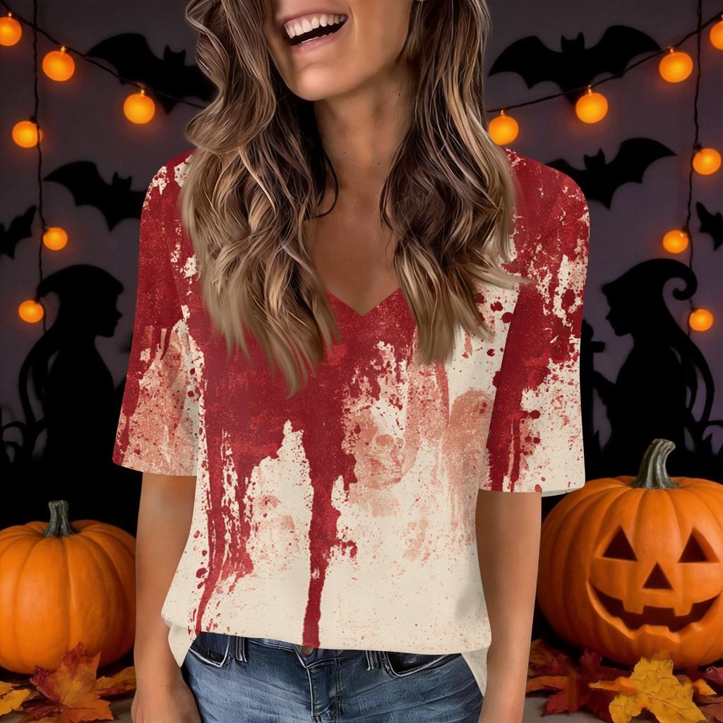 Women's V-Neck Short Sleeve Halloween Print Casual Top