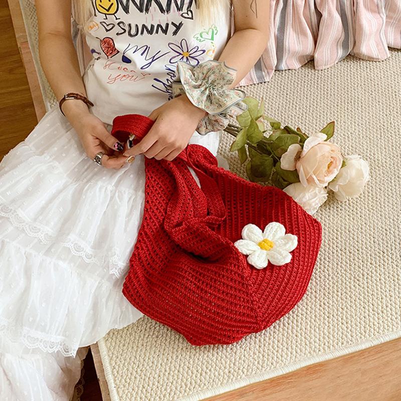 New Large Capacity Knitted Shoulder Bag Flower Summer Beach Leisure Vacation Beach Bag Women's Daily Shopper Totes