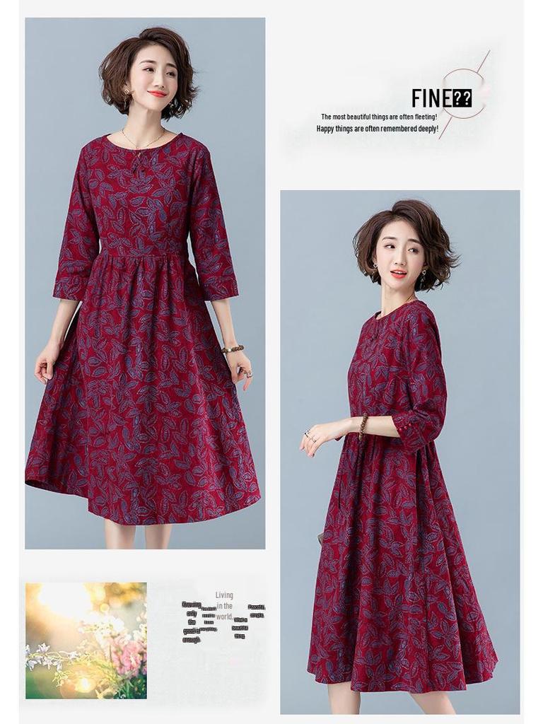 2024 Floral Long-Sleeved Dress for Women, Elegant Spring/Autumn Wear for Middle-Aged to Elderly (Age 40+)