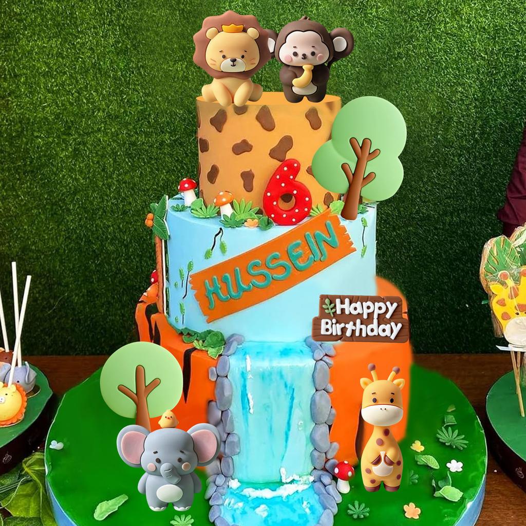 Roztomilá dekorace na dort s džunglovými zvířátky Wild One Dekorace na dort Safari zvířátka Dekorace na dort Žirafa Slon Lev Opice