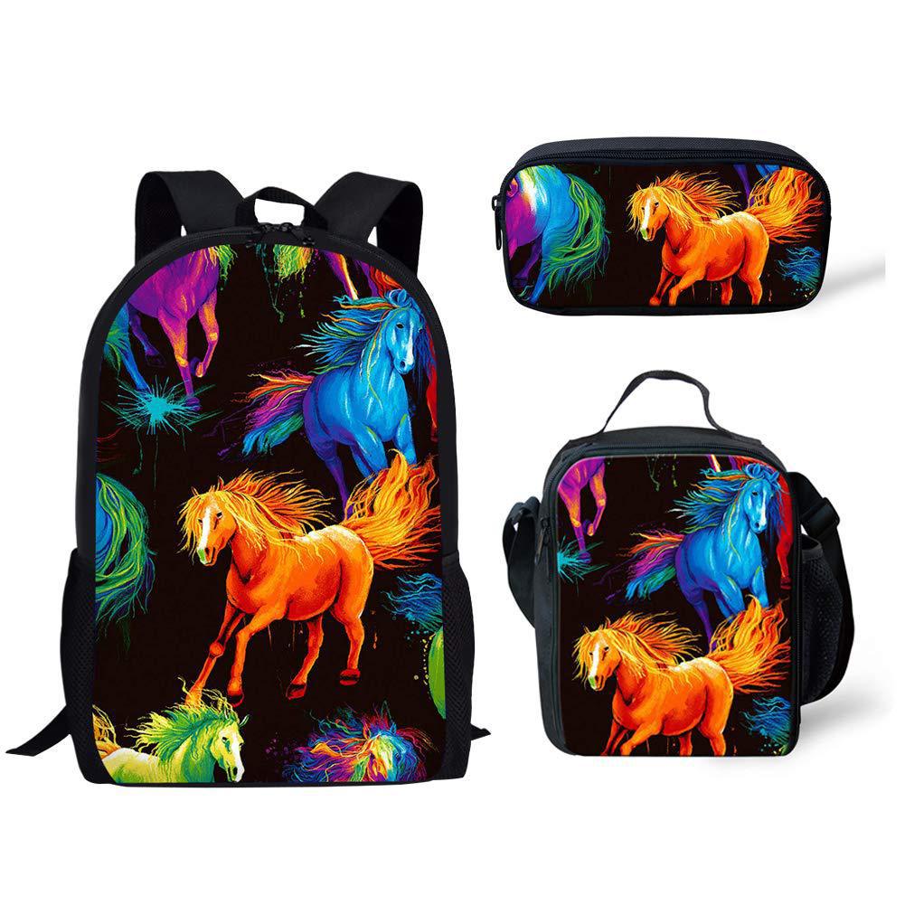 Classic Popular Funny Broken Flower Horse 3D Print 3pcs/Set Pupil School Bags Laptop Daypack Backpack Lunch Bag Pencil Case