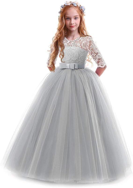 Girls Long Sleeve Flower Girl Wedding Dress Princess Gown