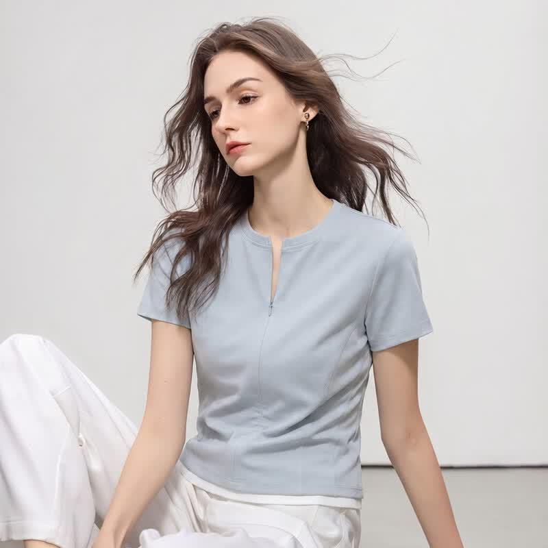 Women s Faux Two-Piece Half-Zip Slim Fit T-shirt L